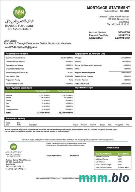 Mauretania Banque Populaire de Mauritanie (BPM) wyciąg z kredytu hipotecznego szablon Word i PDF